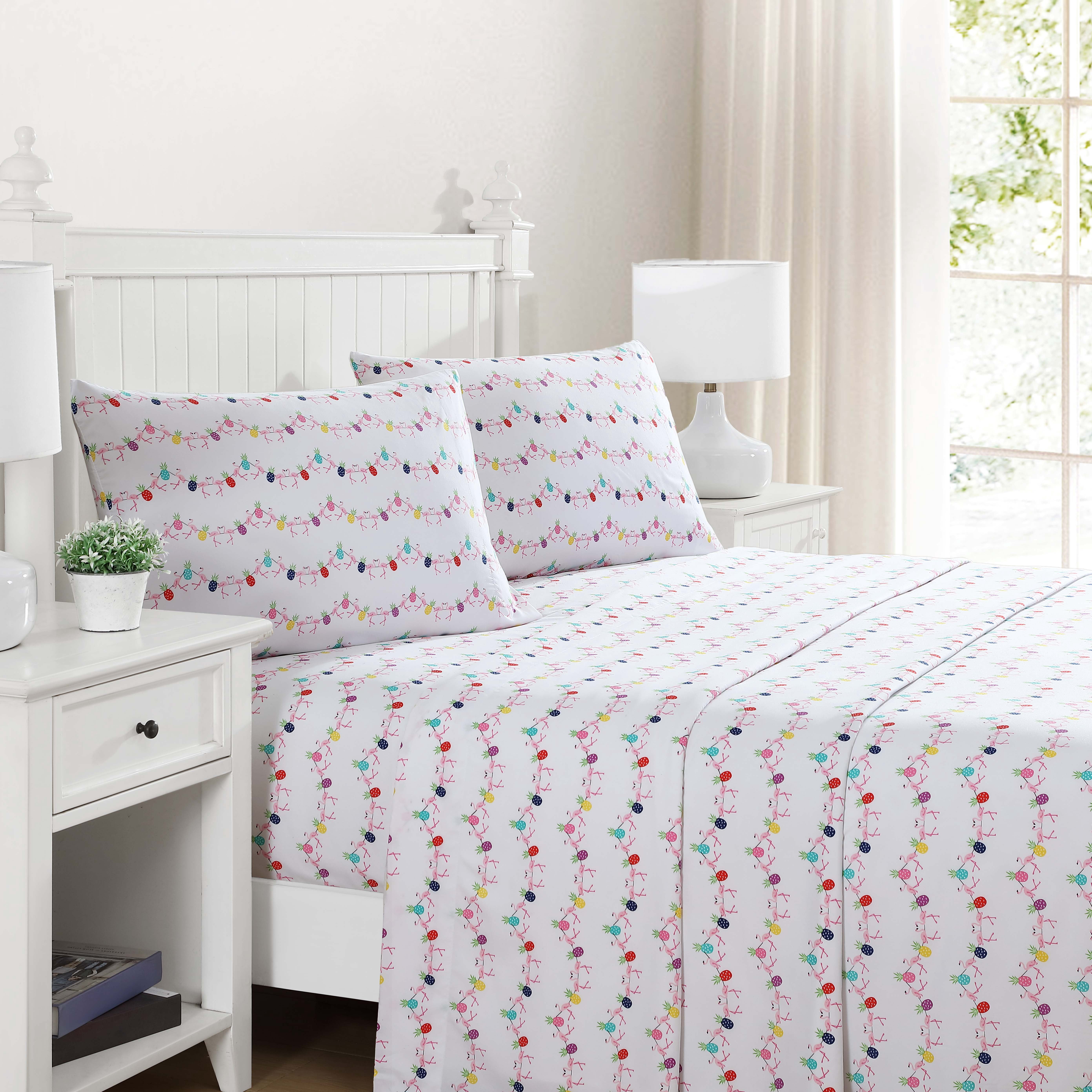 Beatrice Home Fashions, Whimsical Print 4PC Sheet Set, King, Flamingo Pineapple