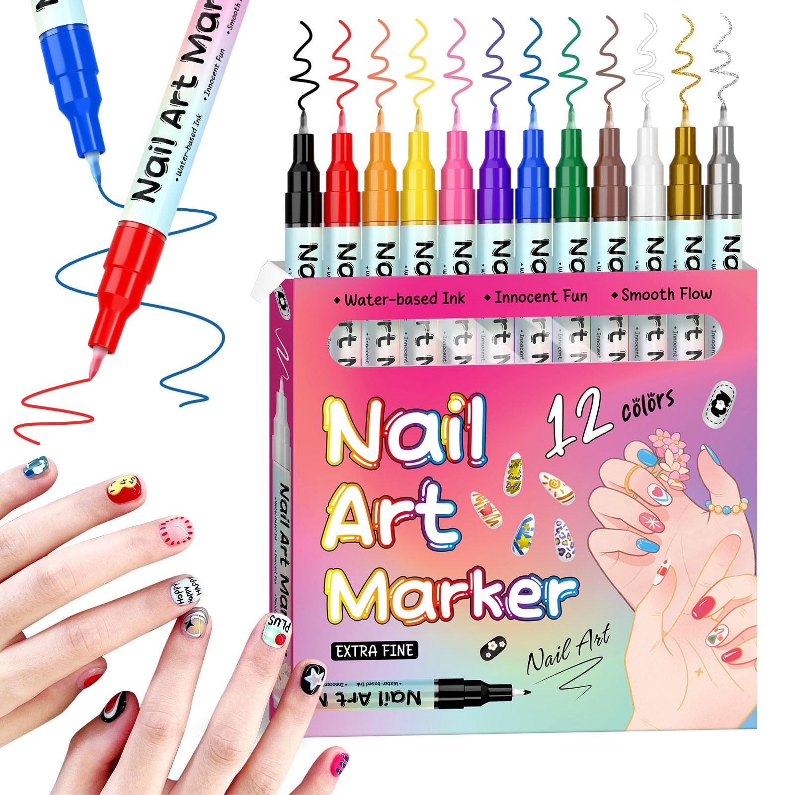 Magiart Waterproof Nail Art Pen,12 Colors Nail Art Pens Set,2026 New Nail Marker,Fine Tip Nail ArtS Pen 0.5mm,Waterproof and Quick-Drying Nail,For Polishing Dotting Painting Liner DIY (12 colors)