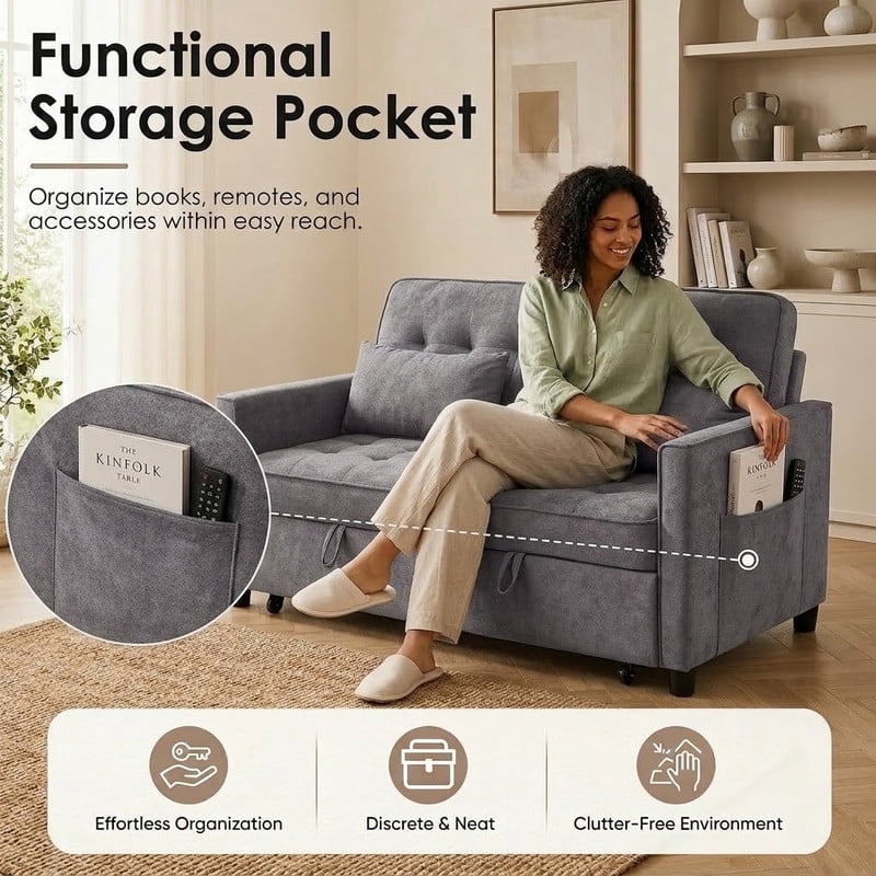 3-in-1 Convertible Sofa Bed with USB Charging Ports, Pull-Out Sleeper Sofa with Adjustable Backrest and Side Pocket, Compact Loveseat Couch for Living Room, Apartment, Dorm