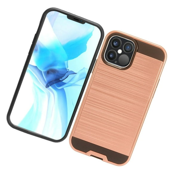 Apple iPhone 12 /iPhone 12 Pro (6.1") Phone Case Brushed Texture Slim Hybrid Dual Layer Hard & TPU Armor Rugged Cover for iPhone 12 /12 Pro ,by Xcell - Rose Gold
