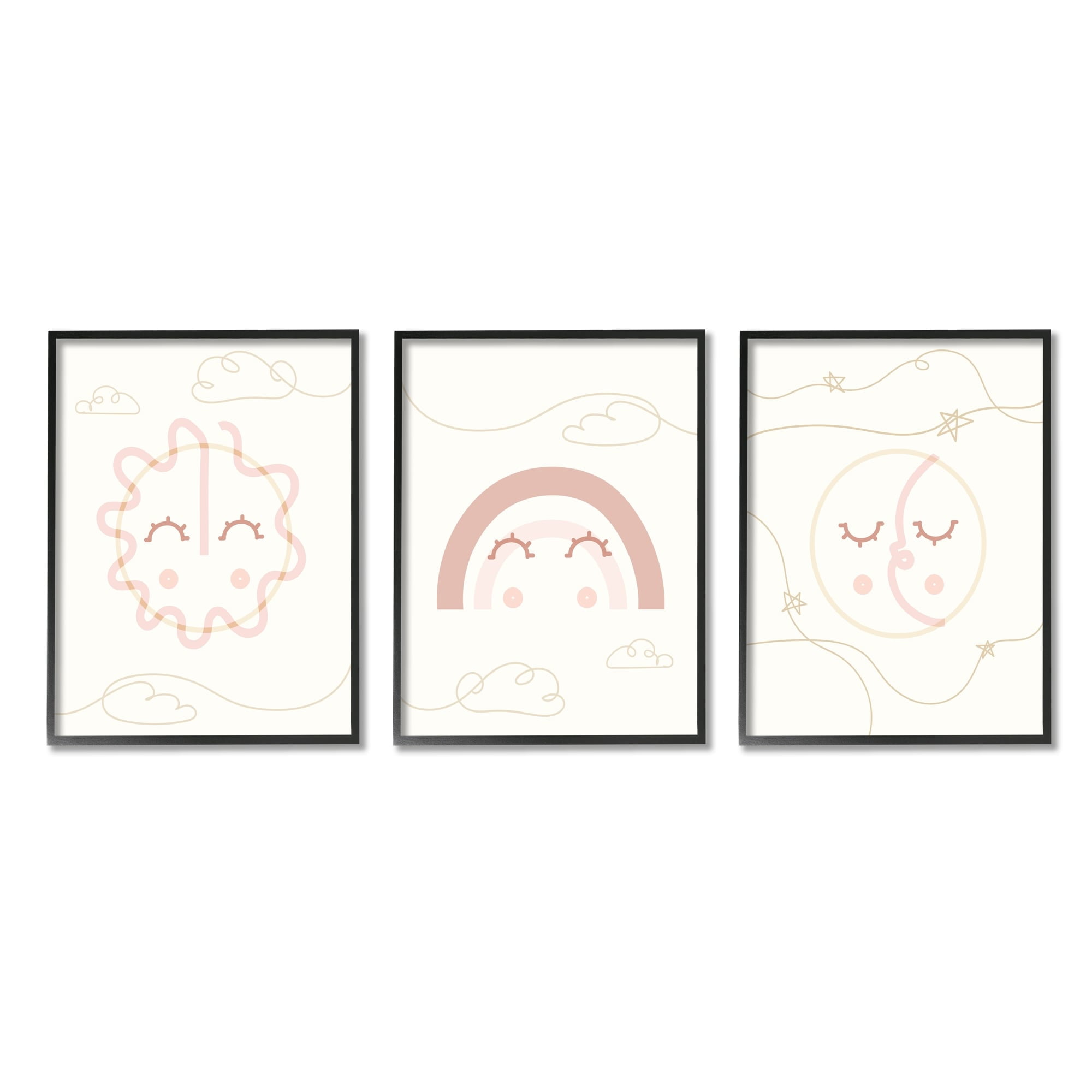 Stupell Industries Cute Celestial Doodle Sun Moon Stars Smile Happy Face Graphic Art White Framed Art Print Wall Art Set of 3, 16x20, by Daphne Polselli