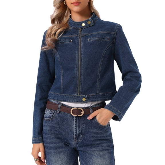INSPIRE CHIC Jean Jackets for Women Zip Up Stand Collar Long Sleeve Motorcycle Denim Jacket XS Retro Blue