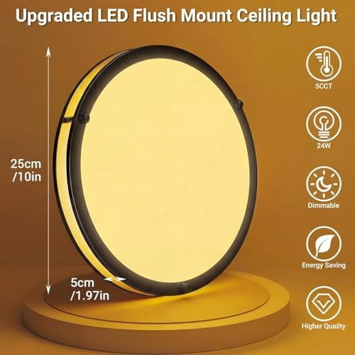 10" Flush Mount Ceiling Lights, 18W Dimmable LED Ceiling Light 3000K-6500K Adjustable, Black Lighting Fixture for Closet Kitchen Hallway Bathroom-2 Pack, Black