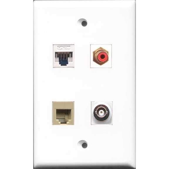 RiteAV 1 Port RCA Red and 1 Port Phone RJ11 RJ12 Beige and 1 Port BNC and 1 Port Cat5e Ethernet White Wall Plate