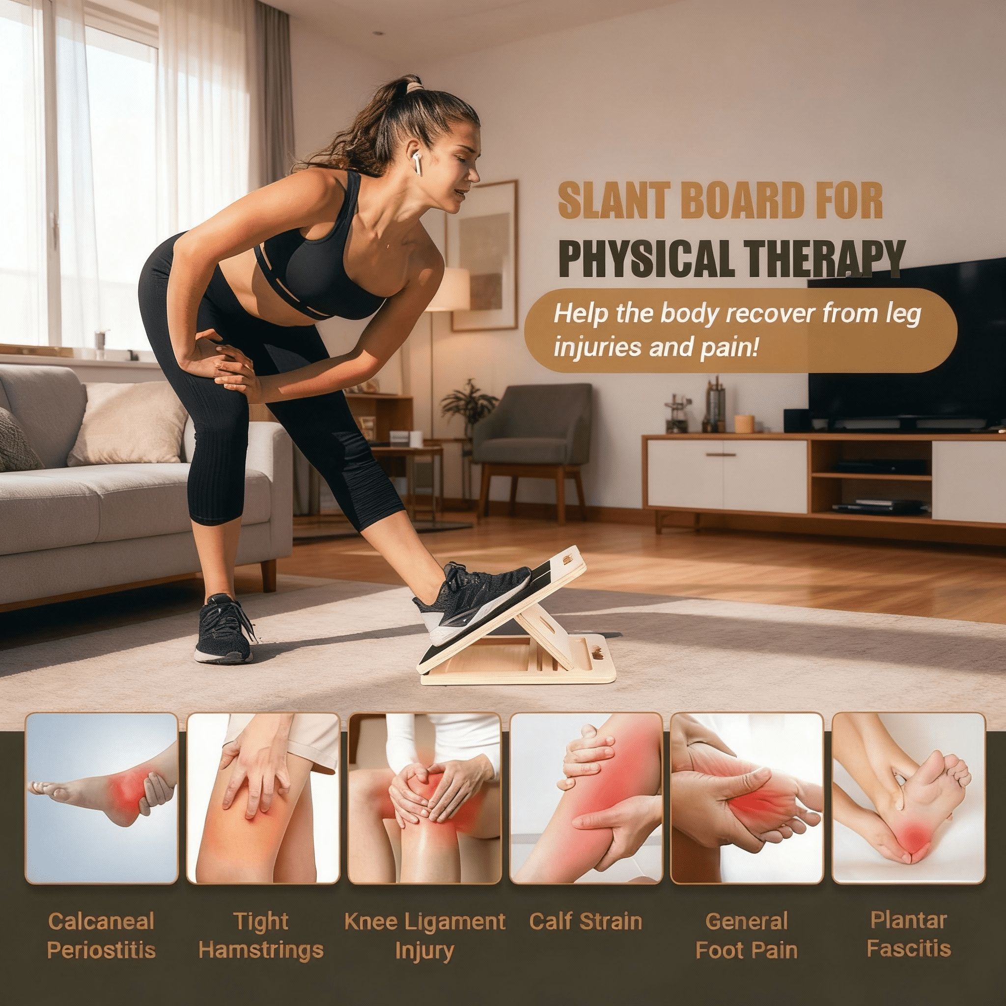 PIERCINGFUN Portable Wooden Slant Board for Calf Stretching, Adjustable Incline Board for Knees Ankle Heel Feet Leg with Training Poster & Resistance Bands