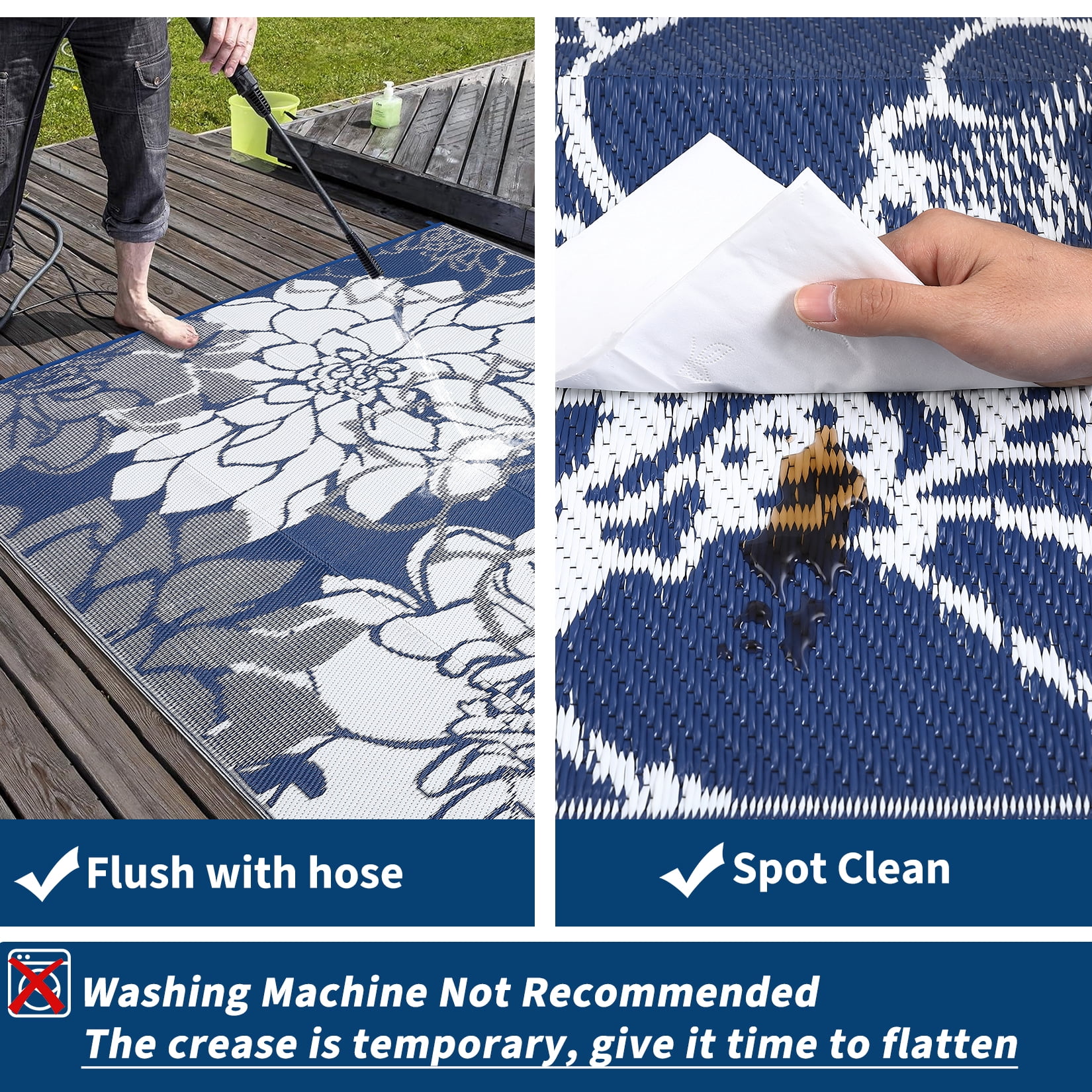GlowSol 9'x18' Outdoor Rug Plastic Straw Rug Modern Floral Reversible Camping Mat Waterproof Foldable Rug for Camping Patio RV Balcony, Dark Blue/White