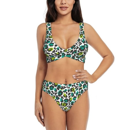 Zeuib Green Leopard High Waisted Tummy Control Bikini Set - Knot Front Push Up Top & Cheeky Thong Bottom  Two-Piece Swimsuit for Women-Large