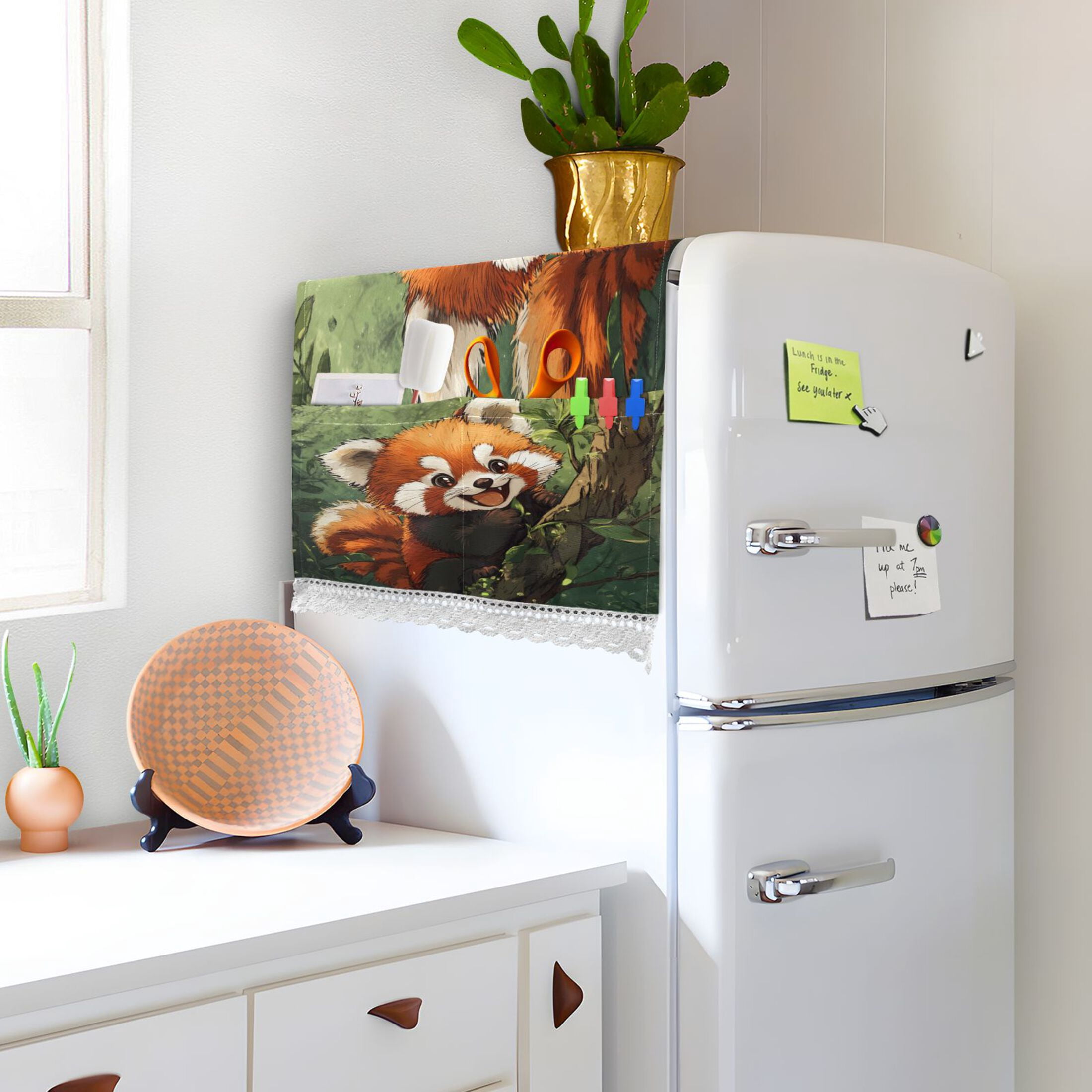 Red PandaWasher and Dryer Covers Dust-Proof and Oil Resistant Fridge Cover with 4 Storage Pockets Washing Machine Top Cover for Laundry Kitchen Home 51.2 x 22 In