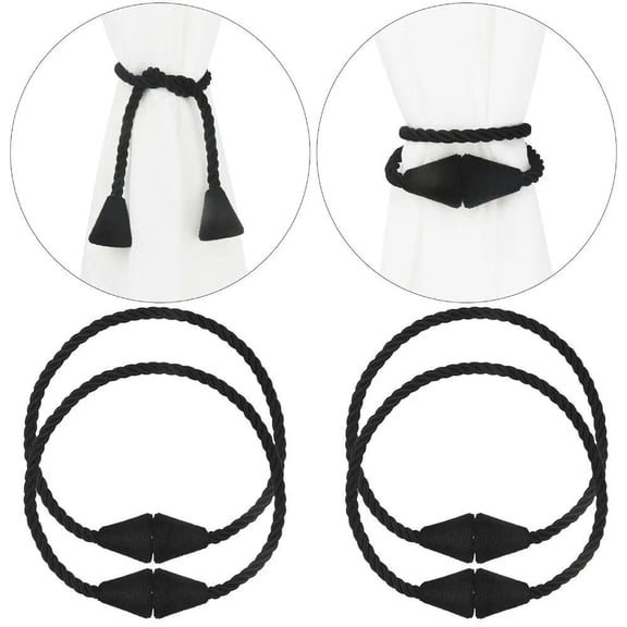 4 pack Magnetic Curtain Tiebacks Rope Modern Handmade Curtain Tie Backs Decorative Drapes Weave Holdbacks for Window Décor, Black