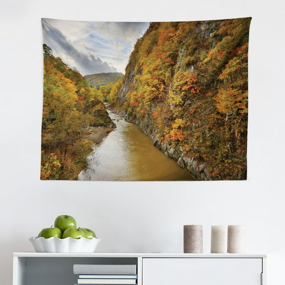 Nature Scene Tapestry, Cartoon Winter Landscape with Exotic Dark Pink Bird Sitting on a Snowy Branch, Fabric Wall Hanging Decor for Bedroom Living Room Dorm, 2 Sizes, Multicolor, by Ambesonne