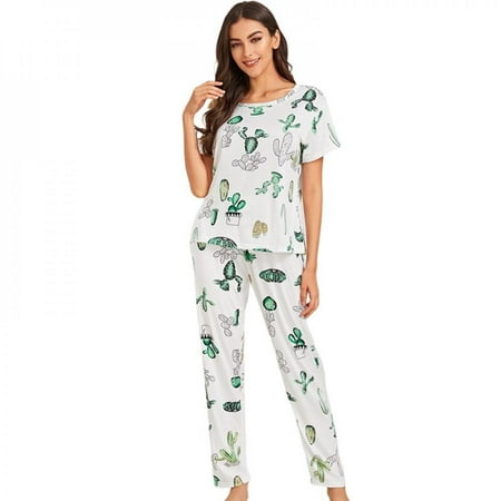 

Final Clear Out! Womens Pajama Set Classic Floral Print Short Sleeve Top Tee & Loose Long Pants Elasic Wasit Bottoms T-shirt Sleepwear Pjs Sets