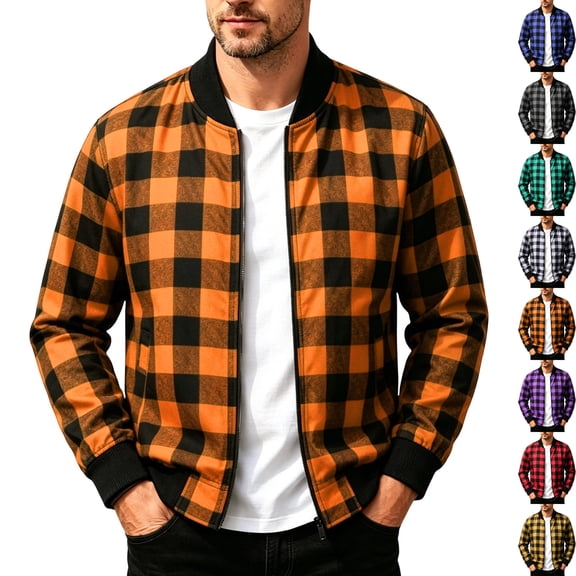 Men's Casual Buffalo Plaid Bomber Jacket Full Zip Windproof Lightweight Varsity Flight Coat with Pockets for Fall Winter Daily Wear, Orange, M