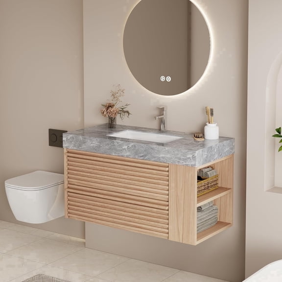 36" Wall Mounted Bathroom Vanity with Sink, Floating Bathroom Sink Cabinet with Drawers, Modern Vanity Cabinet Light Wood Bathroom Vanity with Gray Sintered Stone Top, Ceramic Basin, Open Shelf