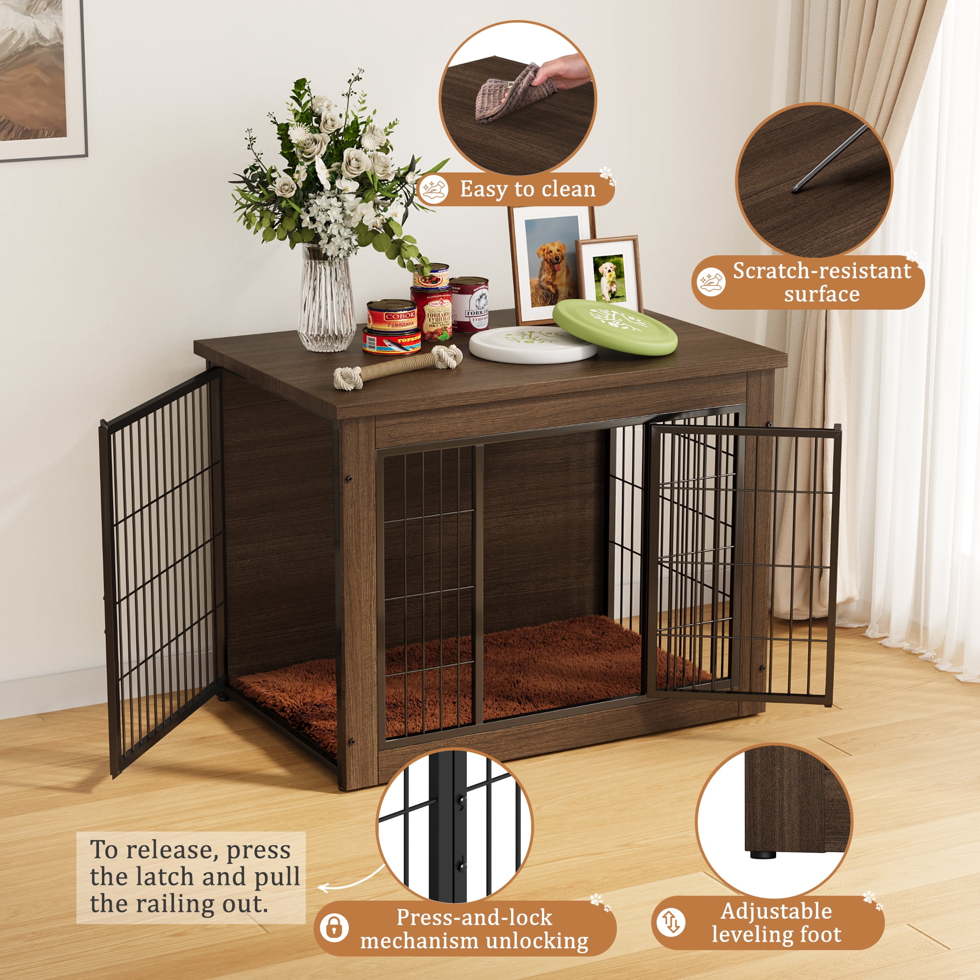 Furmax Heavy-Duty Wooden Dog Crate 2-Door Furniture Style Kennel with Chew-Proof Design & Removable Cushion, End Table for Small, Medium, Large Dogs