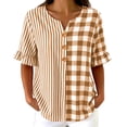 thumbnail image 2 of Womens Cotton Linen Tops Summer Elbow Length Sleeve Tshirts for Women Striped Plaid Printed Ruffled Button V Neck Top, 2 of 6