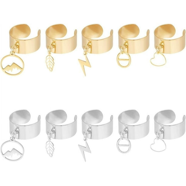 10 anillos de acero inoxidable con dijes, 2 colores y 5 estilos, para mujer, estilo gótico, con colgante de hoja, rayo y corazón, ajustables, con puño abierto.