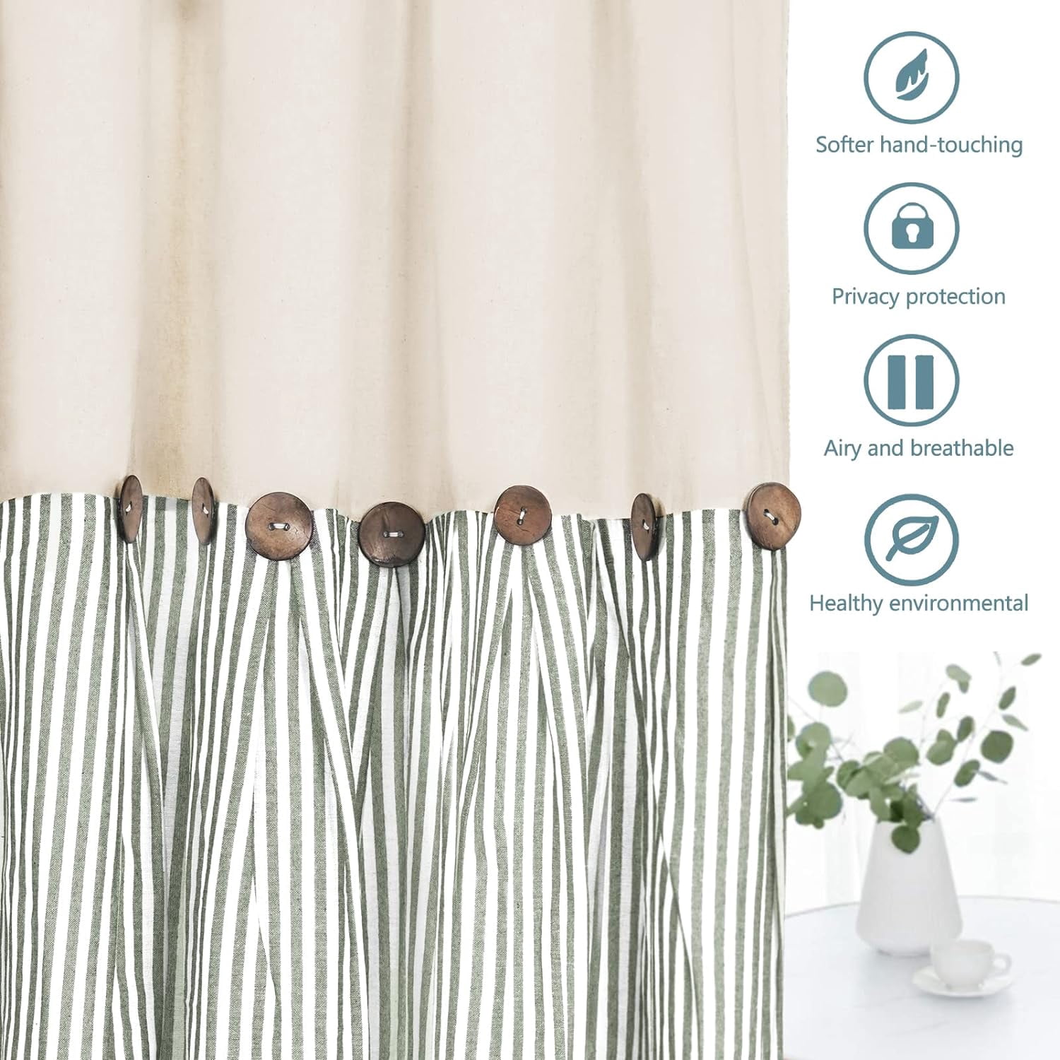 Alishomtll Farmhouse Curtains Sage Green Stripe Cotton Linen Button Boho Rustic Rod Pocket Back Tab Window Drapes for Living Room ,52 x 84 Inch, 2 Panels