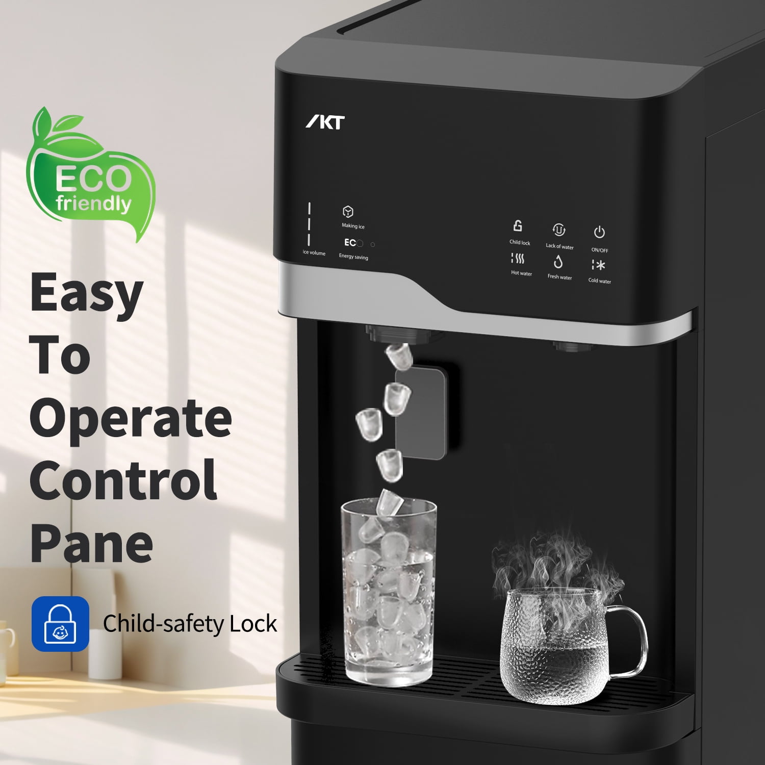 IKT Self Cleaning Water Dispenser with Ice Maker Bottom Load for 5 Gallon，22lbs Daily Capacity，3-Temp（Hot/Room/Cold），Child Safety Lock，Empty Bottle Light，Black