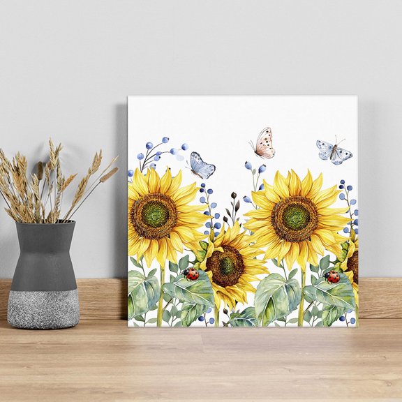 Sunflower Wall Art Painting on Canvas, Yellow Floral Summer Botanical Canvas Art Home Prints Wall Art Framed Modern Artwork for Living Room Bedroom Wall Decor 16x16in
