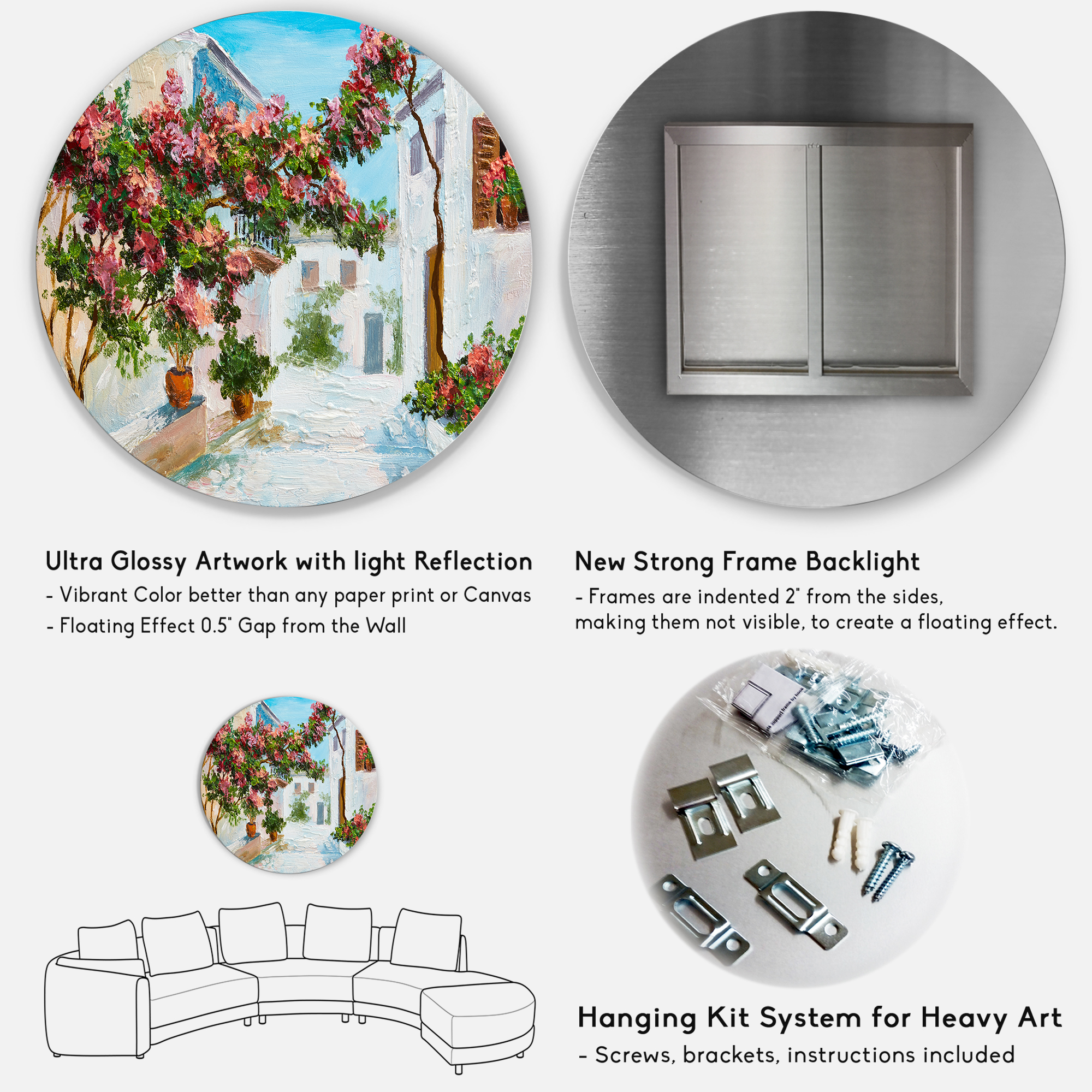 Designart 'Blossoming Flowers With White House Near The Sea' Nautical & Coastal Circle Metal Wall Art 29x29 - Disc of 29