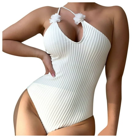 QYZEU Womens One Piece Bathing Suit Striped Solid Swim Bras Slant Shoulder Swimsuits One-Pieces Swimsuit Bikini Suit Breathable Comfortable Lightweight Swimwear White L