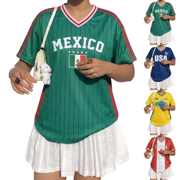 Mexico Jersey for Women, Mexico Flag Graphic Short Sleeve T Shirts V-Neck Tee Soft Fashion Jerseys for Women 2026 Football Shirts