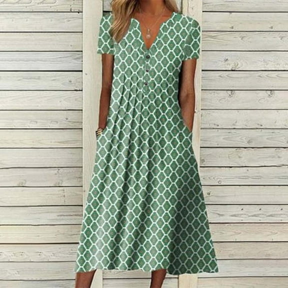 Guzom Easter Dress for Women- Printed V-Neck Maxi Dresses 2023 New Spring Casual Short Sleeve Womens Tops Green