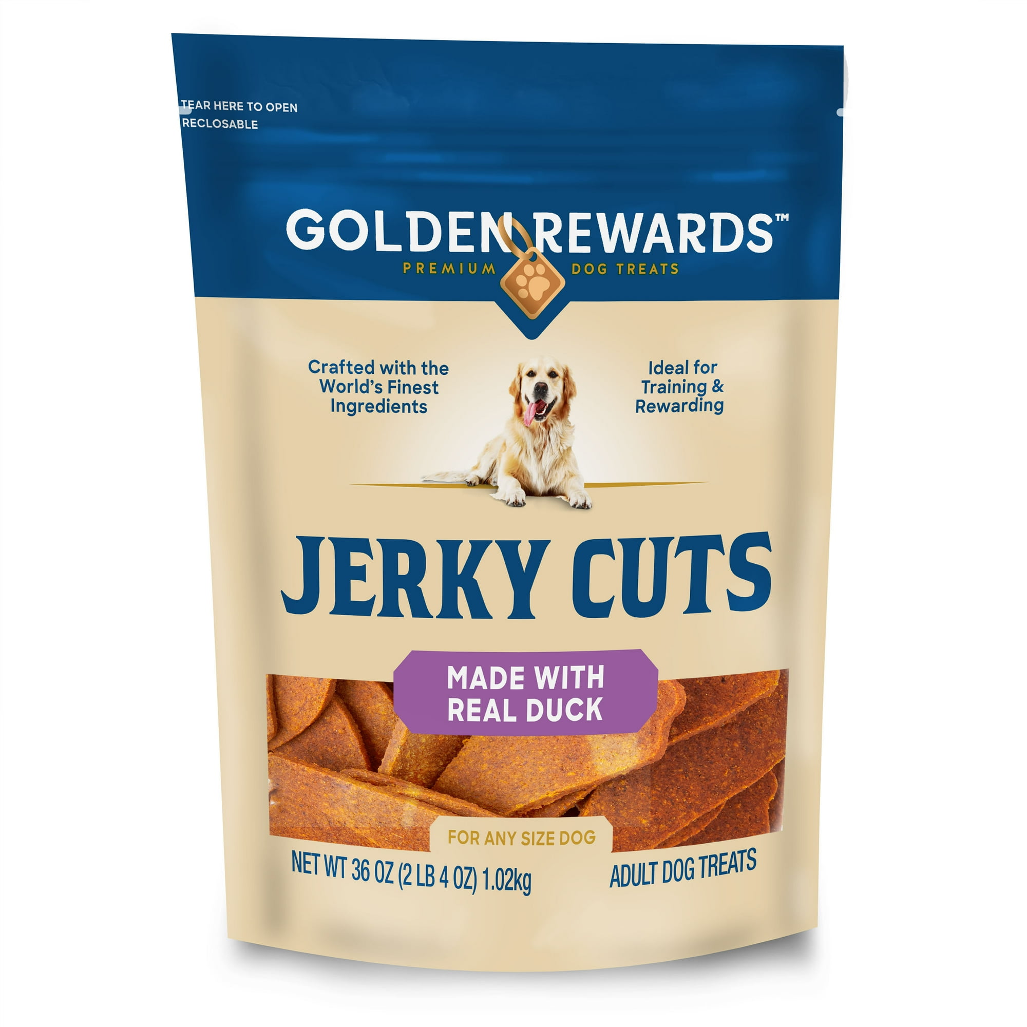 Golden Rewards Adult Dry Dog Jerky Cut Treats with Real Duck, 36 oz Bag