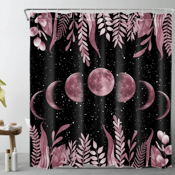 HVEST Moon Phase Plant Leaf Shower Curtain with Pink Moon and Starry Night Aesthetic Design - Black and Pink Bathroom Decor, Waterproof Polyester Fabric, Includes 12 Hooks, 72x72 Inch
