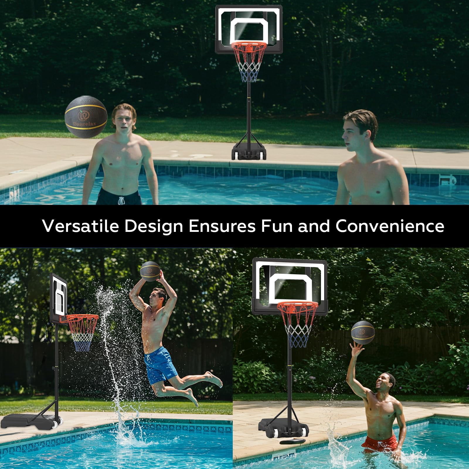 Bezliving Pool Basketball Hoop, Height Adjustable 3.9" to 6.9", Black PE Frame, Water Base, Includes Air Pump, 8-Inch Rubber Ball, Indoor & Outdoor Use