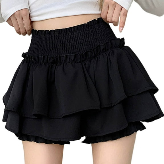 Felirenzacia Double Layered Mini Skirt for Girl and Women with Shorts Ruffle Hem Smocked Waist Y2K Stylish Skit