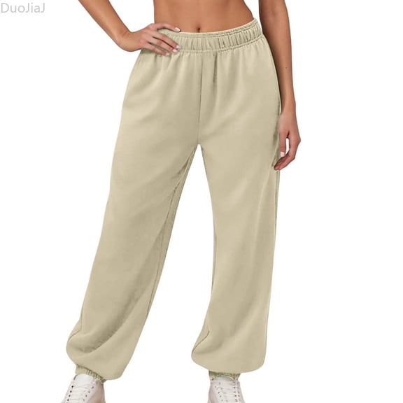 DuoJiaJ Women's High Witdth Comfort Knit Joggers With Drawstring And Pockets Relaxed Fit High Witdth Waistband Casual Pants For Everyday Wear Women's Wide Leg Pants Beige L