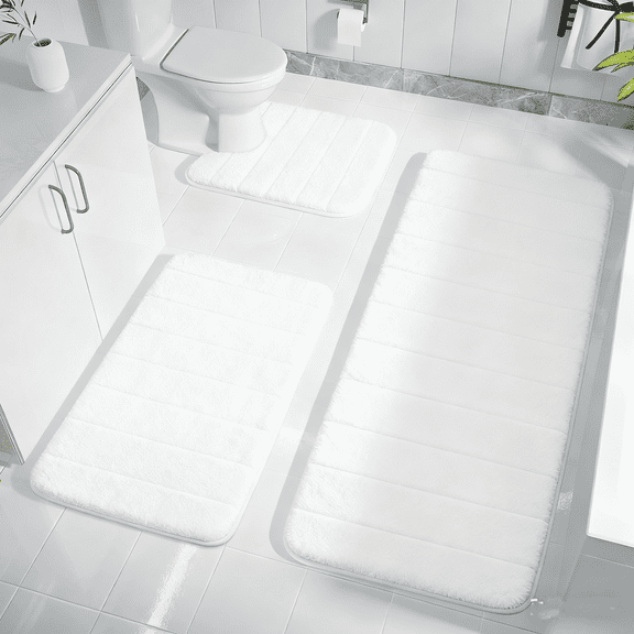 3 Piece Memory Foam Bath Mat Set with U-Shaped Toilet Mat Bathroom Rugs Soft Comfortable Water Absorption Bath Carpet Non-Slip Thick Machine Washable for Kitchen/Living Room(White)