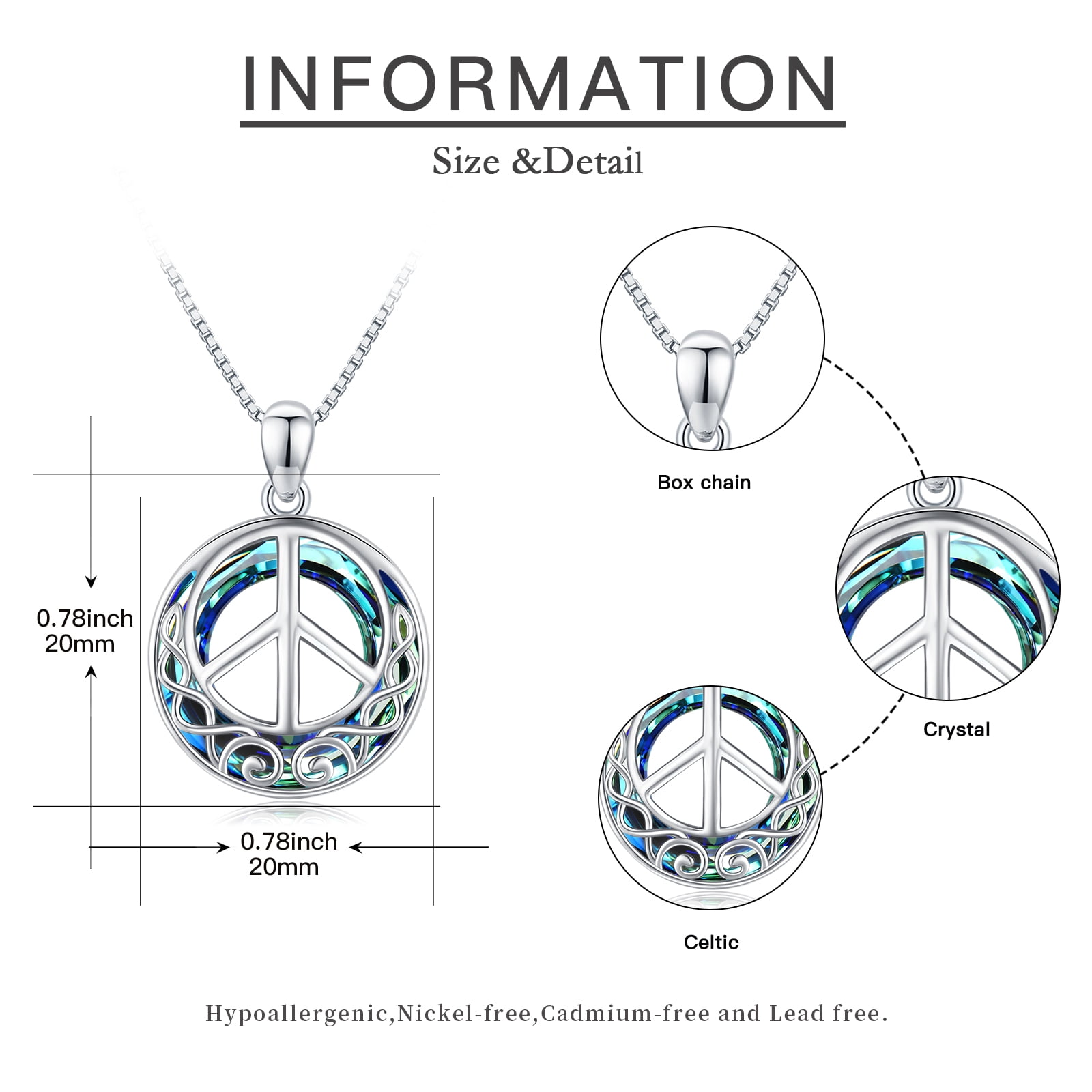 Midir&Etain Peace Sign Necklace 925 Sterling Silver Celtic Celtic Knot Crystal Peace Sign Pendant Jewelry Mothers Day Gifts for Women Men Teens Daughter Mom Wife Girlfriend