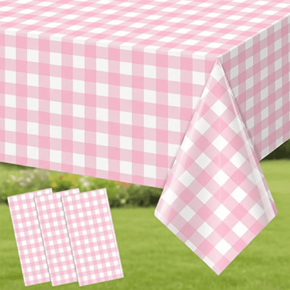 3-Piece Pink Checkered Disposable Plastic Tablecloth Set, 54x108 Inch Gingham Buffalo Plaid Table Covers for Birthday, Baby Shower, Wedding, Bridal Party Decorations and Celebrations