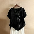 thumbnail image 4 of Conairie Linen Shirts For Women Solid Short Sleeve Regular Fit Crew Neck Button Shirt Comfortable Soft Work Tee Pullover Outfits Black L, 4 of 7