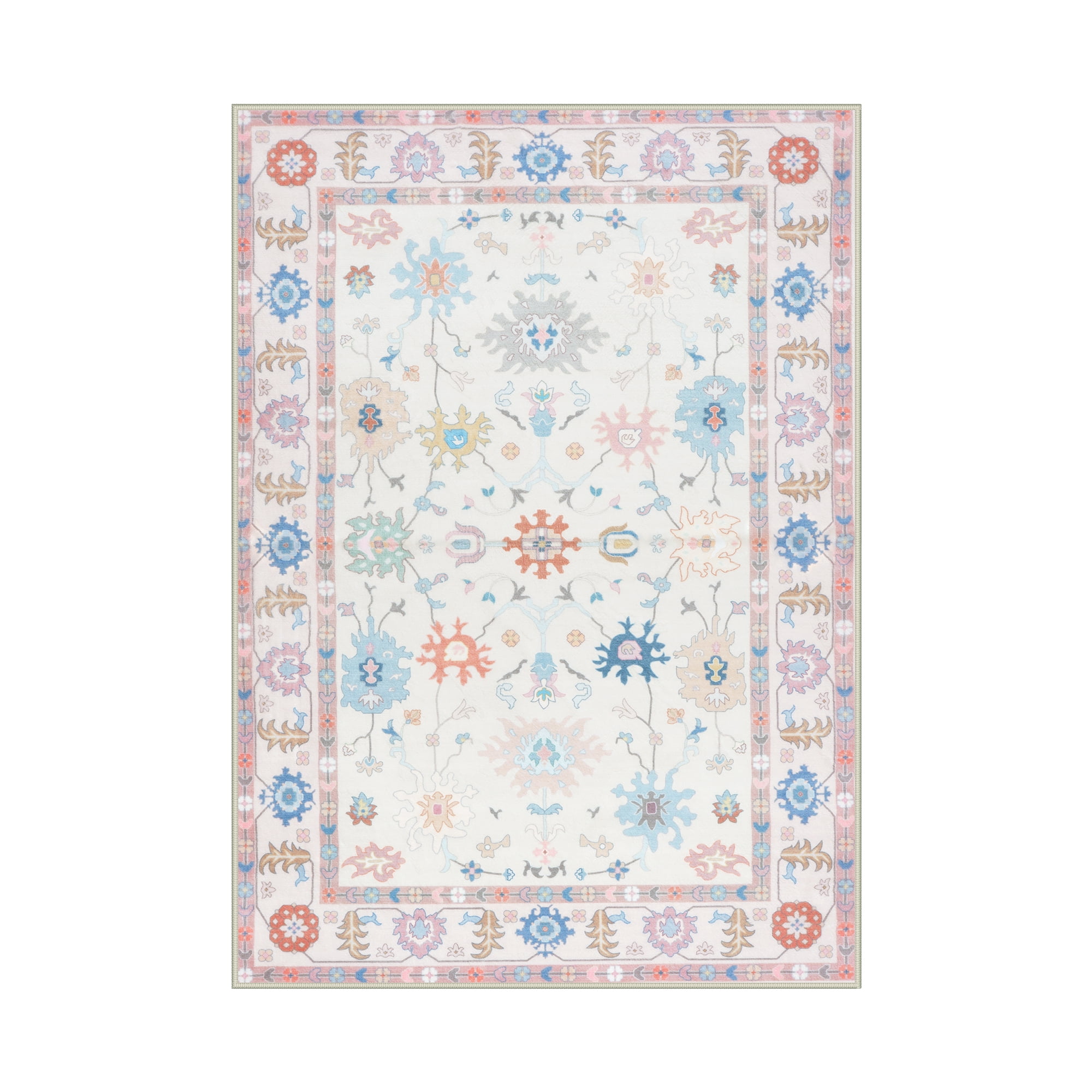 Lahome Decor 5'x7'Modern Oushak Washable Rugs,5x7ft Boho Area Rug for Living Room,Stain Resistant Soft Bedroom Rug, Ultra-Thin Cream Colorful Vintage Floral Rugs for Farmhouse Dining Room,Pink
