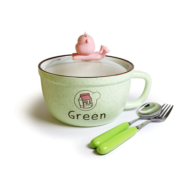 Microwavable Ceramic Noodle Bowl with Handle and Glass Lid Cute