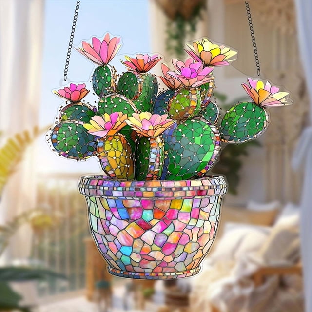 Colgante de pared acrílico con forma de cactus | Colgante plano 2D con cadena para decoración de hogar, oficina y tienda | Arte botánico moderno para regalo de inauguración de la casa o cumpleaños