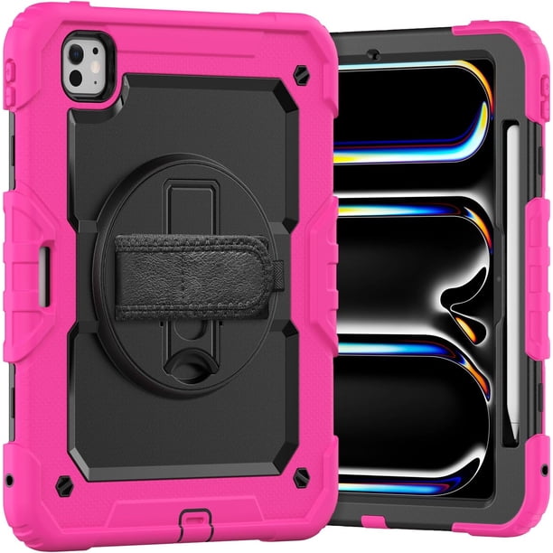 Funda para iPad Pro de 11 pulgadas (M4) 5.ª generación 2024, funda protectora resistente a los golpes con protector de pantalla, soporte giratorio de 360°, correa para mano/hombro