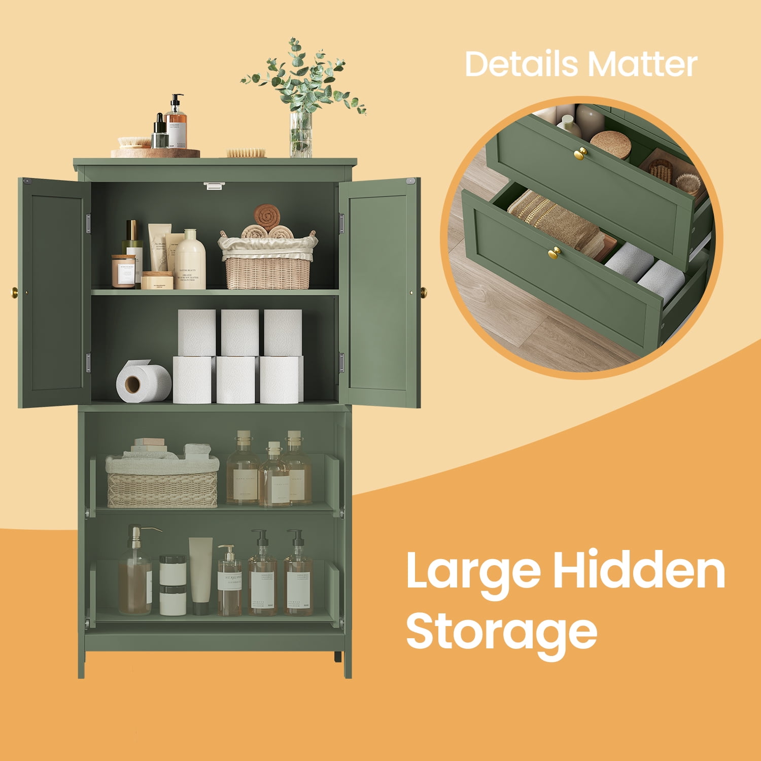 LEDREM Bathroom Floor Storage Cabinet, Freestanding Cabinet with 2 Doors 2 Drawers, for Kitchen Living Room Small Spaces,Green