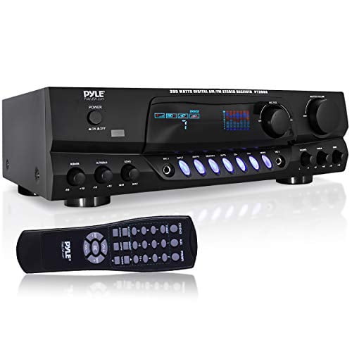 Pyle Amplificador de potencia de audio para el hogar de 200 W, receptor estéreo con sintonizador AM FM, 2 entradas de micrófono con eco para karaoke, gran adición a su sistema de altavoces de entreten
