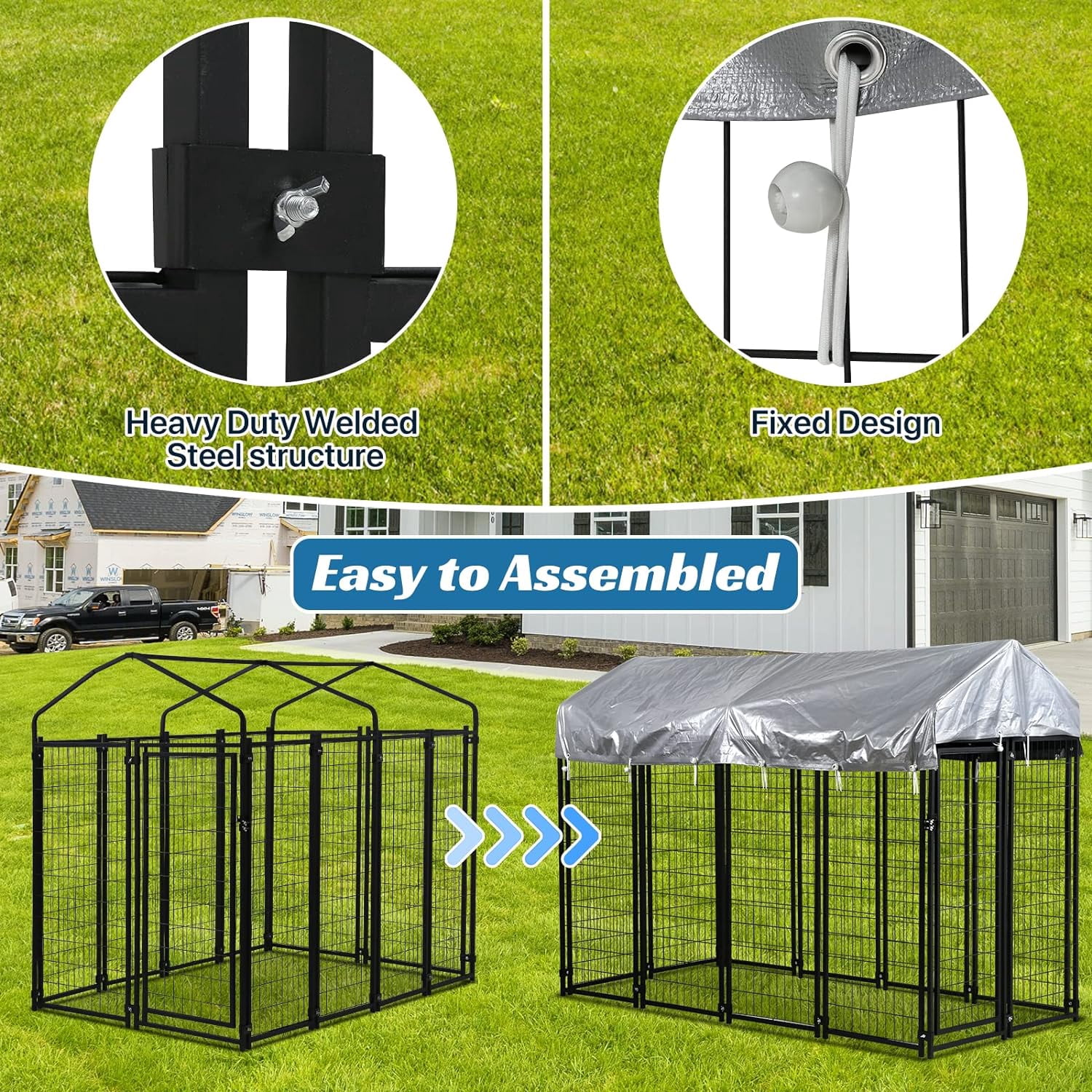 Dkelincs Large Dog Kennel 4.3' x 4' x 4' Heavy Duty Outdoor Dog Crate Cage with Roof and Waterproof Cover, Black