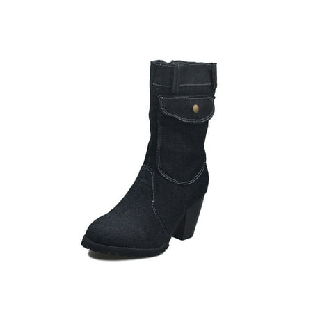 

GENILU Womens Non-slip Comfort Mid-Calf Boot Denim Party Chunky Block Heel Boots Black 7.5