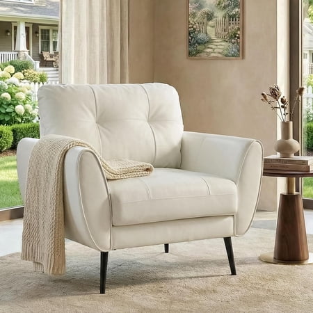LAZZO Tufted Leather Accent Chair, Mid-Century Modern Upholstered Armchair for Living Room and Bedroom, White