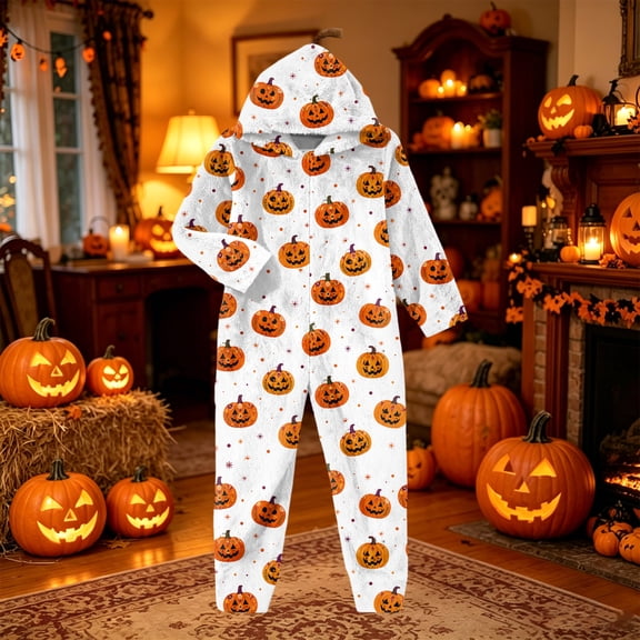 Halloween Pajamas for Kids Gilrs Size 10-12 Cozy Novelty Fall Pumpkin Ghost Hooded Flannel Pajamas Thanksgiving Clothes for Teen Girls One-Piece Outfit for Party White 11-12 Years