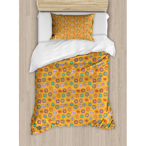Folk Art Duvet Cover Set Twin Size, Colorful Abstract Repeating Pattern with Various Elemental Motifs, Decorative 2 Piece Bedding Set with 1 Pillow Sham, Marigold and Multicolor, by Ambesonne