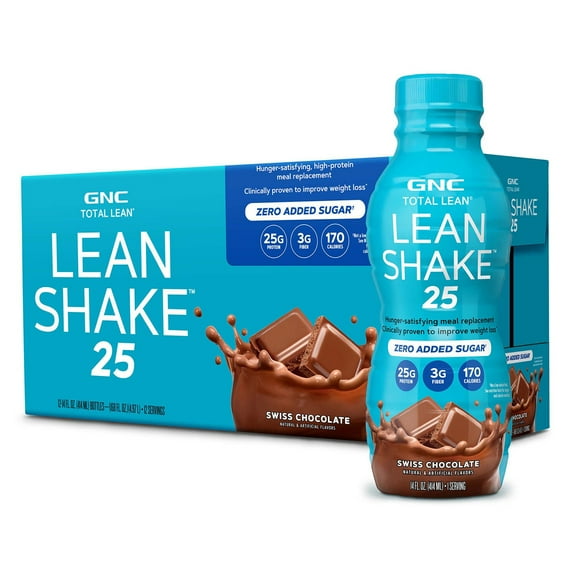 GNC Lean Shake 25 Protein Shake, Meal Replacement, Swiss Chocolate, 25g Protein, Clinically Proven Weight Management, Ready To Drink, Zero Added Sugar, 14 oz Bottles, Pack of 12