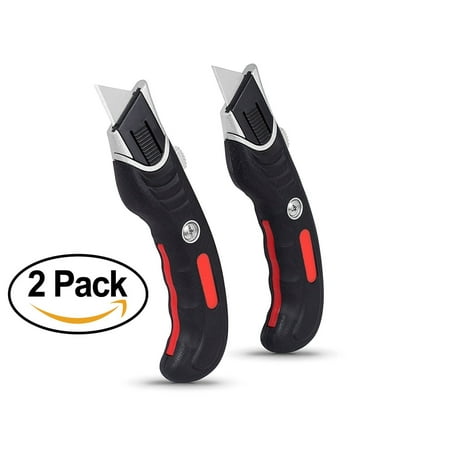 Internet's Best Ergonomic Utility Knife | Set of 2 | Retractable Razor Knife Set | Box Cutter Locking Razor Knife | Storage Pouch Extra Blade Refills | Quick Blade Change | (Best Rescue Knife For Police)