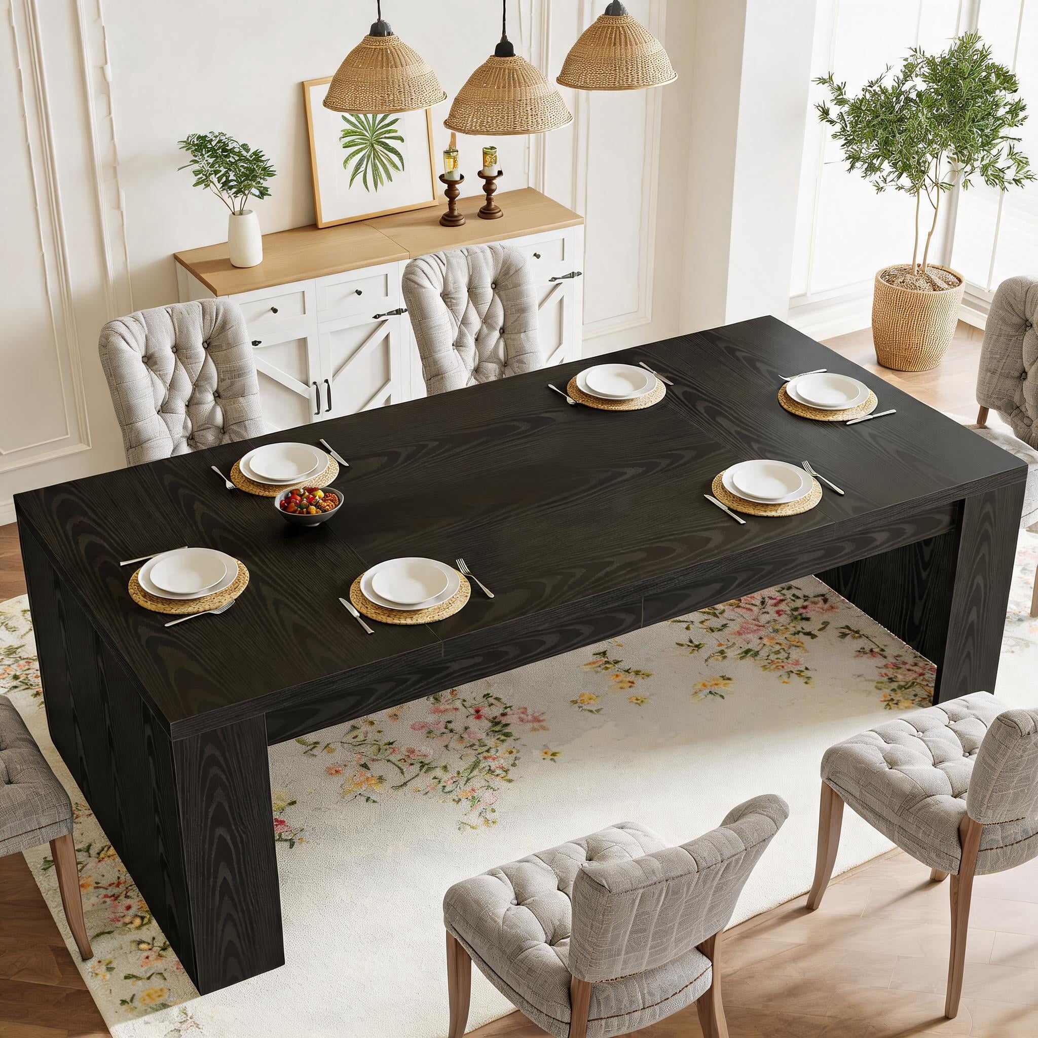 Fnova 70.9" Farmhouse Dining Table for 6-8 People, Large Wood Rectangle Sturdy Kitchen Table Modern Dining Room Furniture, Black
